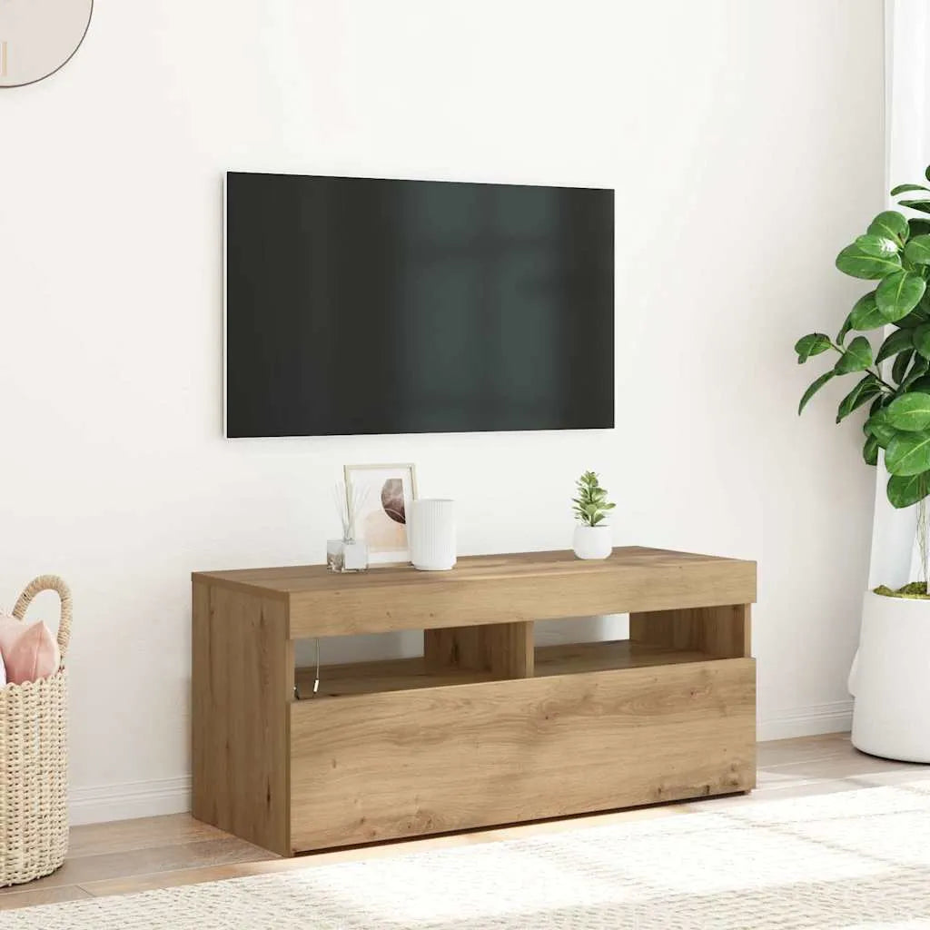 Meuble TV LED en Bois Effet Chêne - 120 cm-Mon Meuble TV-chêne artisanal-90 cm-1-52