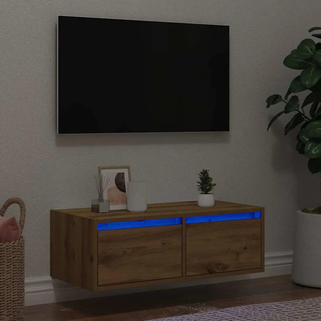 Meuble TV LED Noir Effet Chêne - Lot de 2-Mon Meuble TV-chêne artisanal-75 cm-1-25