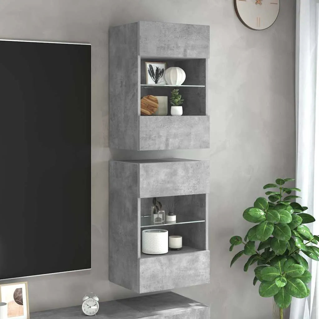 Meuble TV LED Suspendu Effet Chêne Artisanal - 2 Pièces-Mon Meuble TV-Gris béton-40 cm-2-48