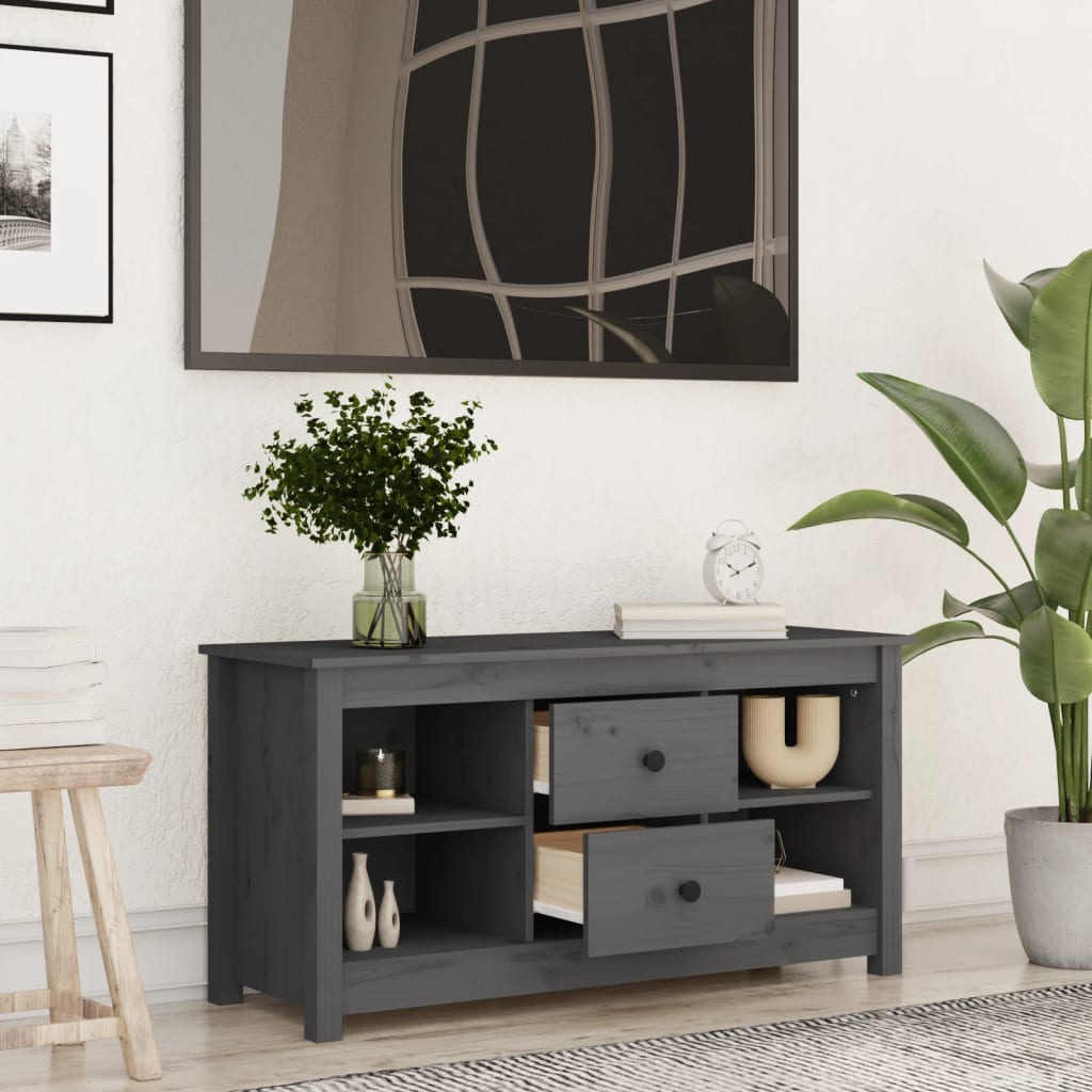Meuble TV Long Gris en Pin Massif - 103 cm-Mon Meuble TV-Gris-1-6