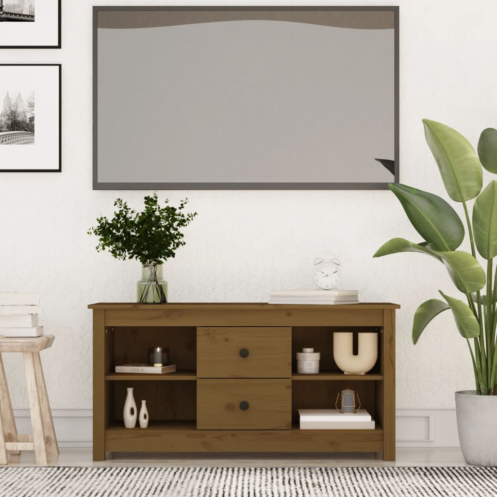 Meuble TV Long Gris en Pin Massif - 103 cm-Mon Meuble TV-marron miel-1-12