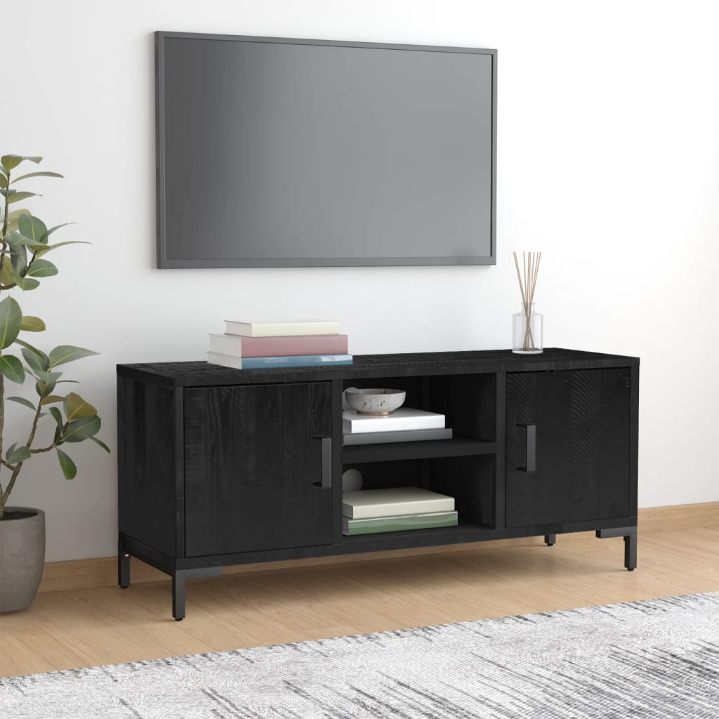 Meuble TV Marron en Bois de Pin Massif - 110 cm-Mon Meuble TV-Noir-9