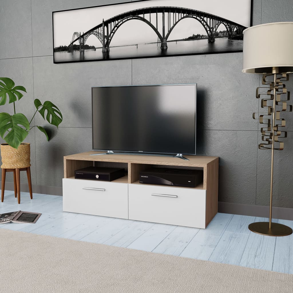 Meuble TV Moderne Blanc Mat - 95 cm-Mon Meuble TV-Chêne et blanc-1-7