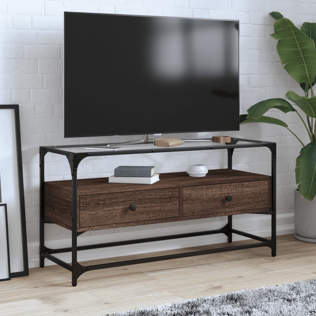 Meuble TV Moderne en Verre et Effet Chêne - 60 cm-Mon Meuble TV-Chêne marron-98 cm-1-13