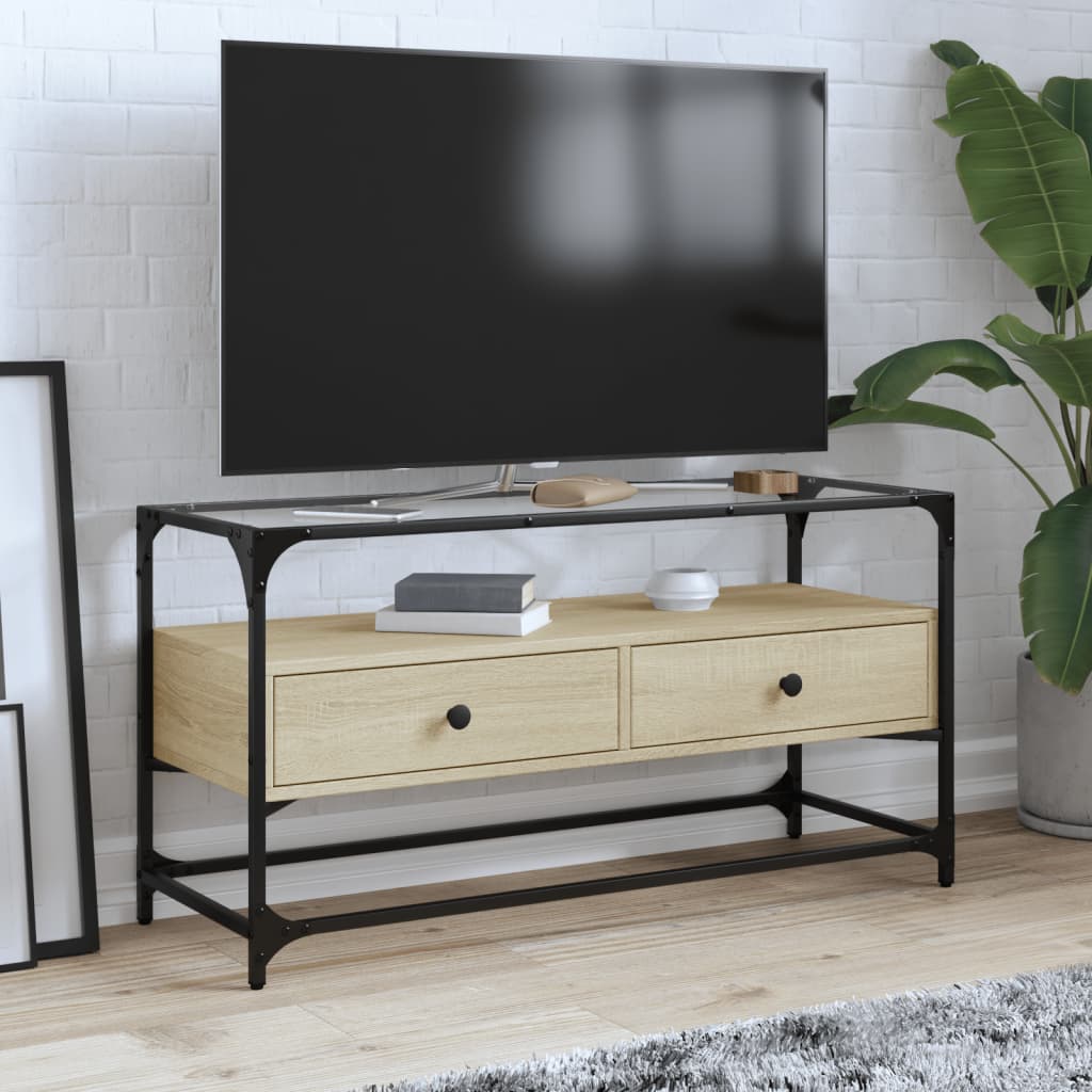 Meuble TV Moderne en Verre et Effet Chêne - 60 cm-Mon Meuble TV-Chêne sonoma-98 cm-1-14