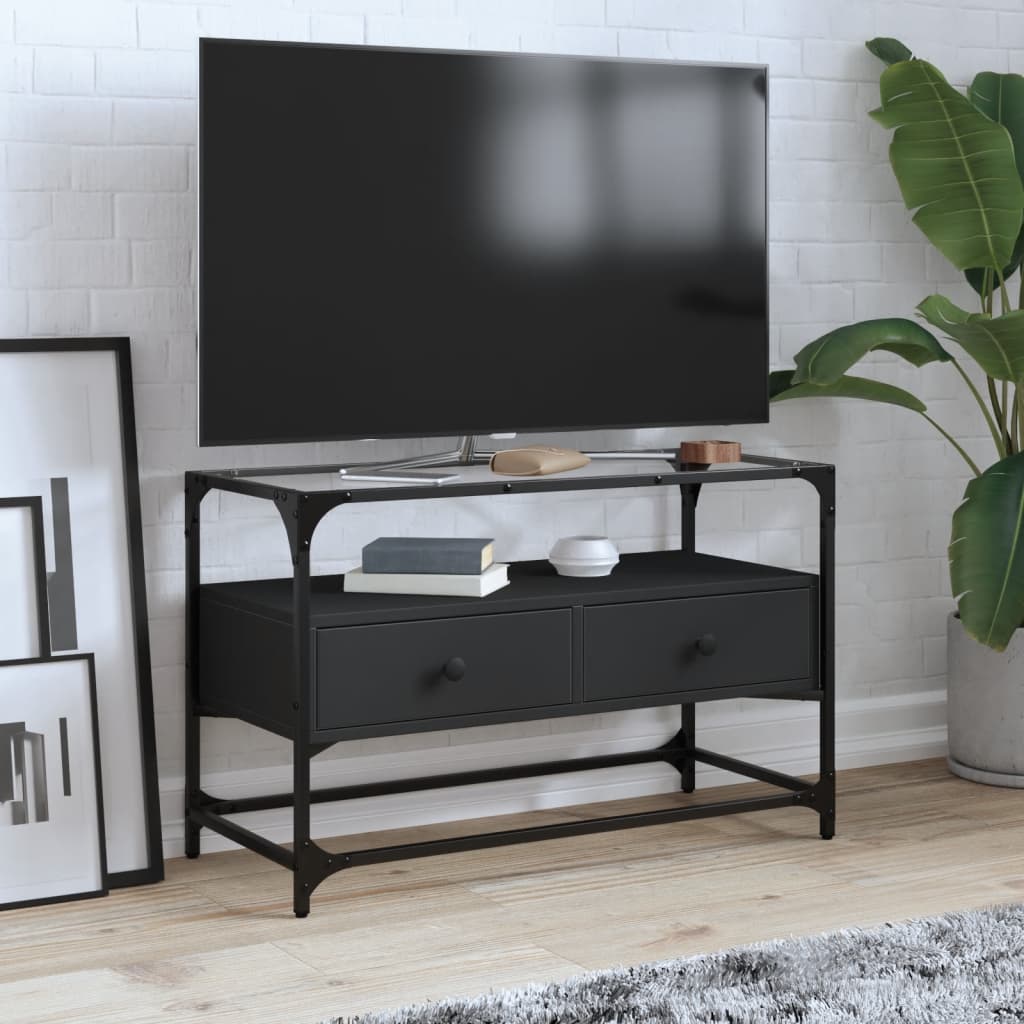 Meuble TV Moderne en Verre et Effet Chêne - 60 cm-Mon Meuble TV-Noir-80 cm-1-24