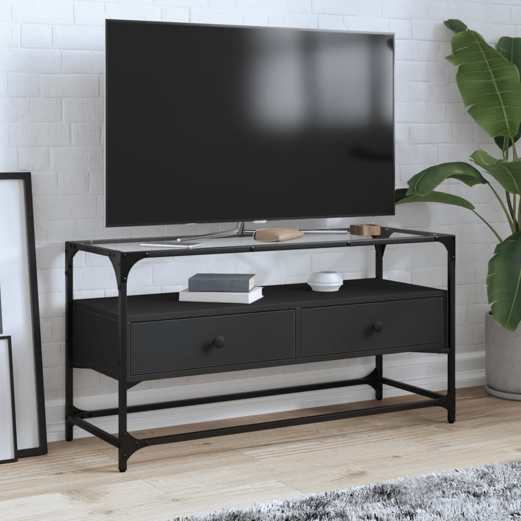 Meuble TV Moderne en Verre et Effet Chêne - 60 cm-Mon Meuble TV-Noir-98 cm-1-25