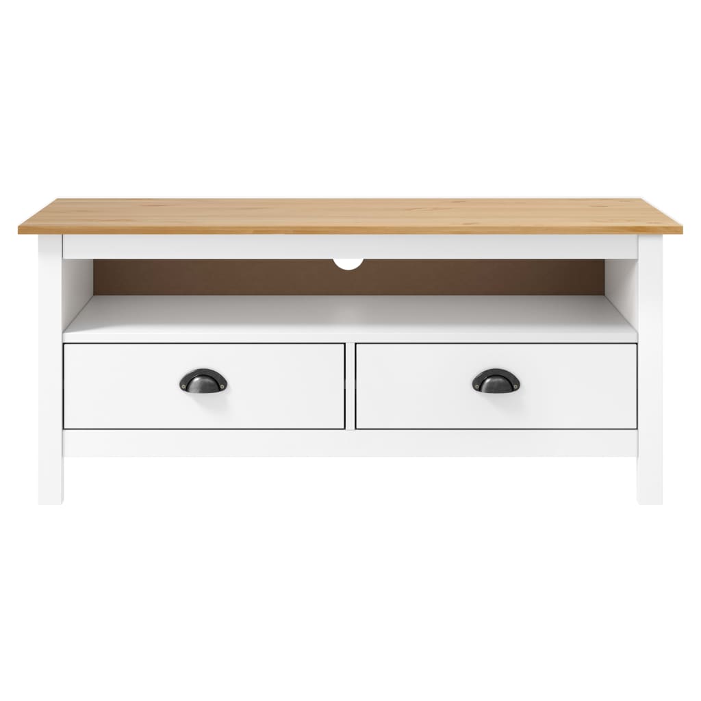 Meuble TV Moderne Simple en Pin Massif Blanc - 110 cm-Mon Meuble TV-Blanc et marron-2