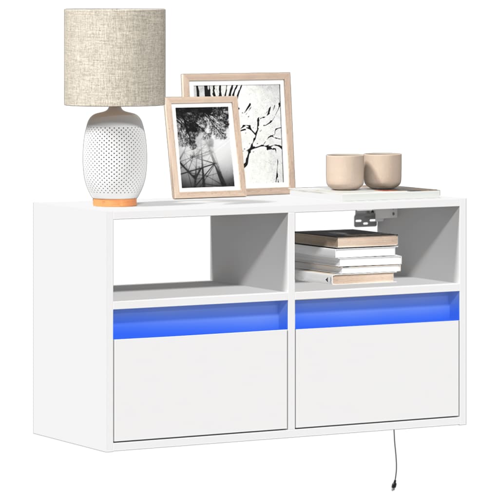 Meuble TV Mural à LED Effet Chêne - 80 cm-Mon Meuble TV-Blanc-80 cm-38