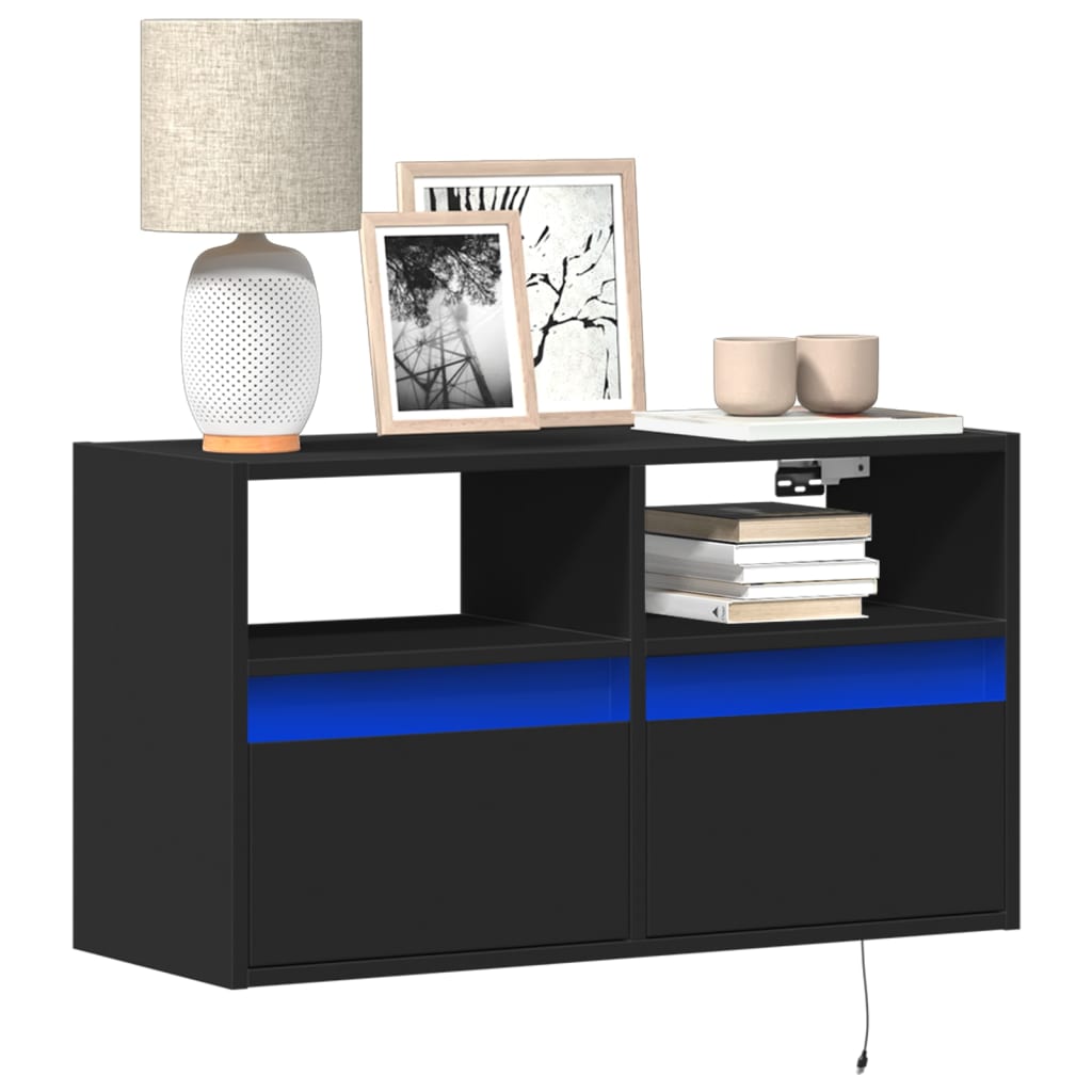 Meuble TV Mural à LED Effet Chêne - 80 cm-Mon Meuble TV-Noir-80 cm-42