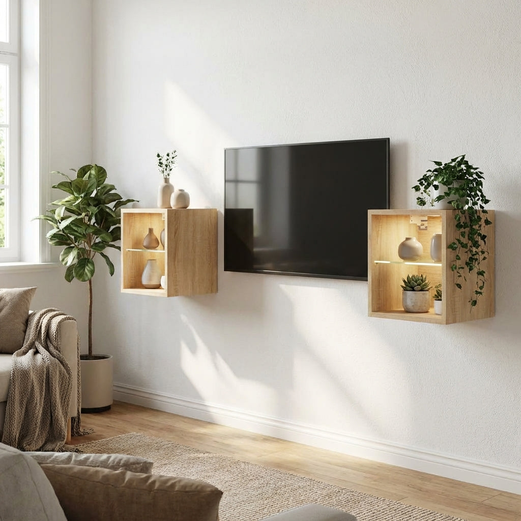 meuble-tv-mural-beige-effet-chene-2-pieces-decor