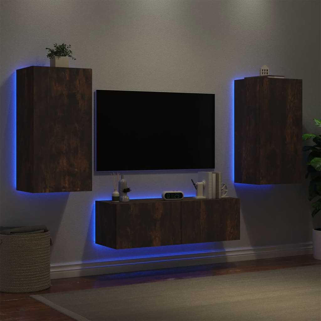 Meuble TV Mural Blanc avec LED - 3 Pièces-Mon Meuble TV-Chêne fumé-1-15