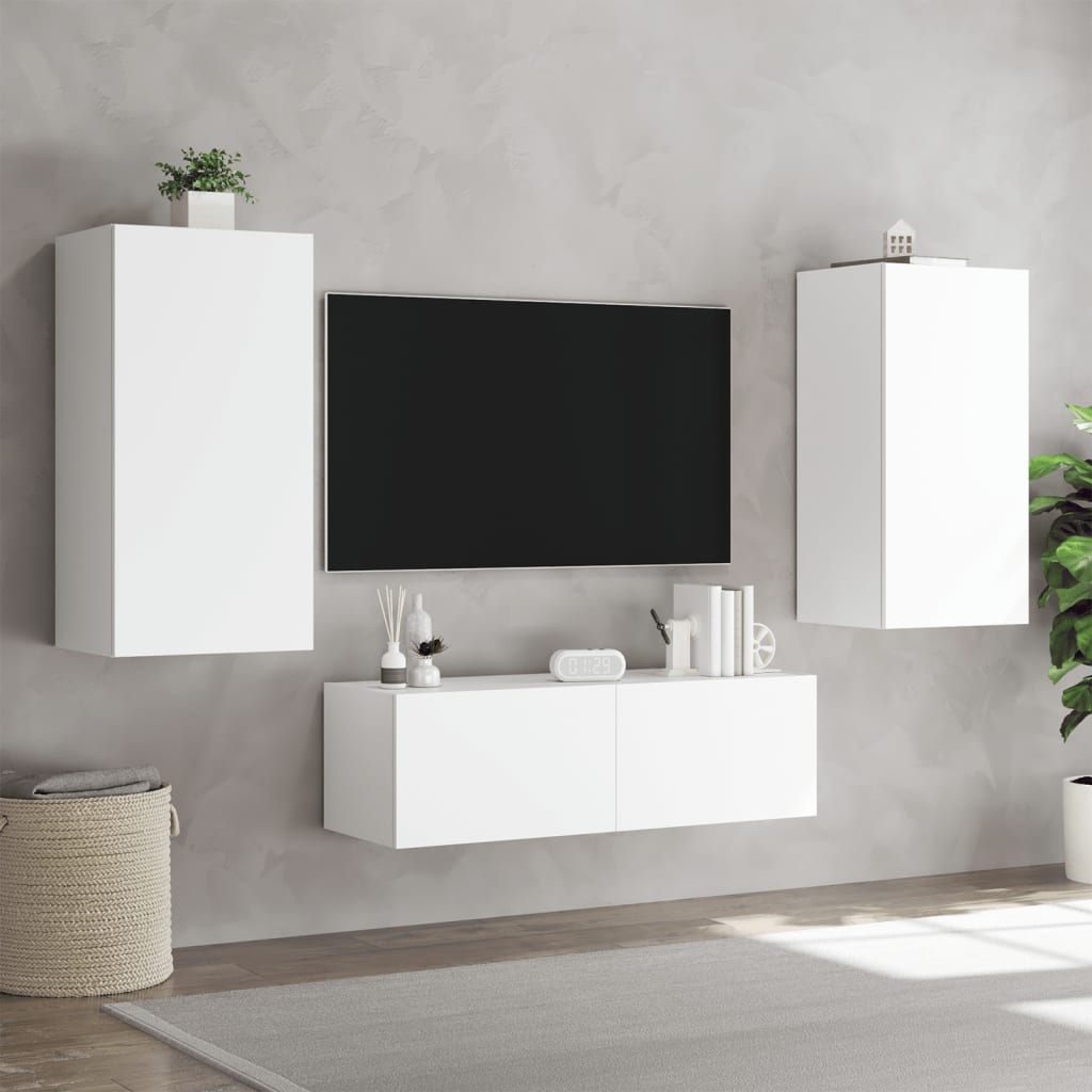Meuble TV Mural Blanc avec LED - 3 Pièces-Mon Meuble TV-Chêne fumé-1-4