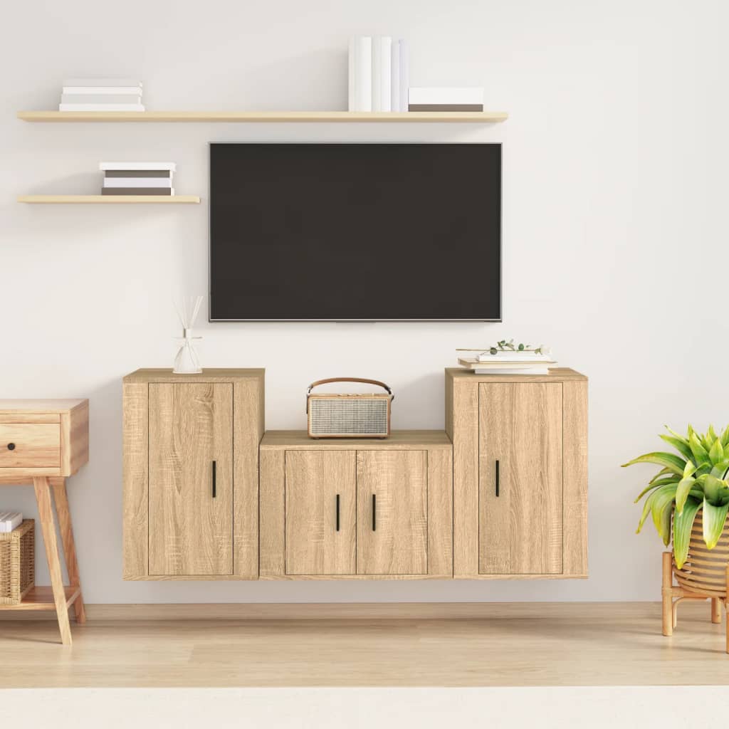 Meuble TV Mural Blanc et Bois - 140 cm-Mon Meuble TV-Chêne sonoma-9