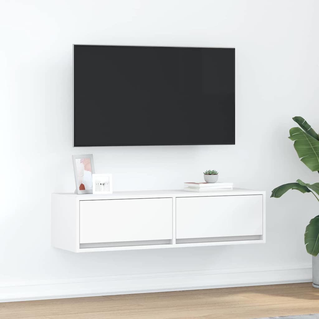 Meuble TV Mural Blanc et Bois Effet Chêne - 2 Pièces-Mon Meuble TV-Blanc-100 x 31 x 25,5 cm-1-19