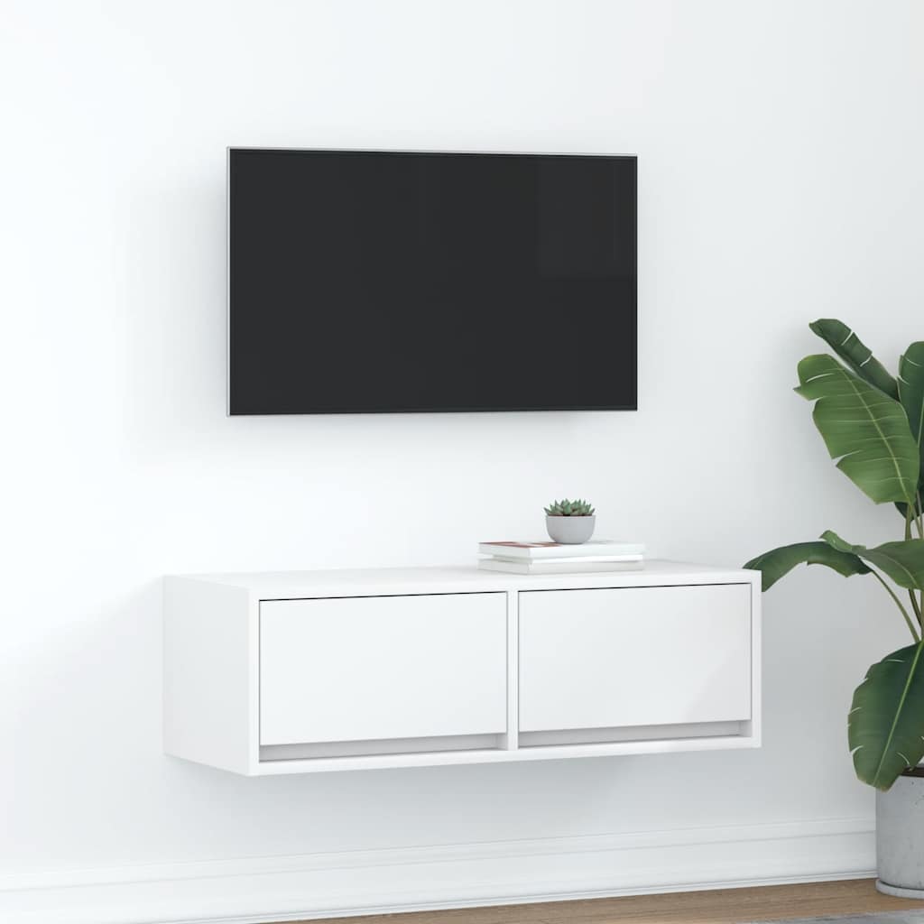 Meuble TV Mural Blanc et Bois Effet Chêne - 2 Pièces-Mon Meuble TV-Blanc-80 x 31 x 25.5 cm-1-34