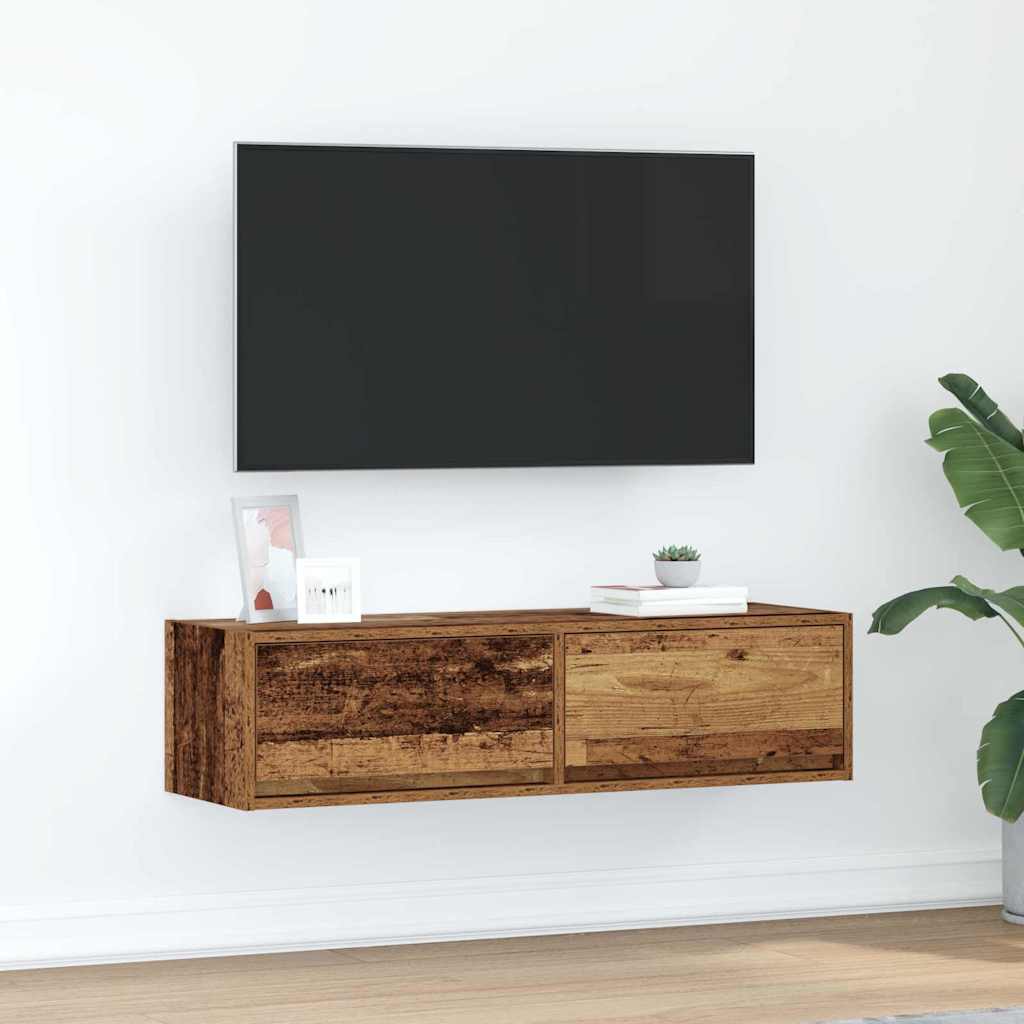 Meuble TV Mural Blanc et Bois Effet Chêne - 2 Pièces-Mon Meuble TV-Bois ancien-100 x 31 x 25,5 cm-1-17
