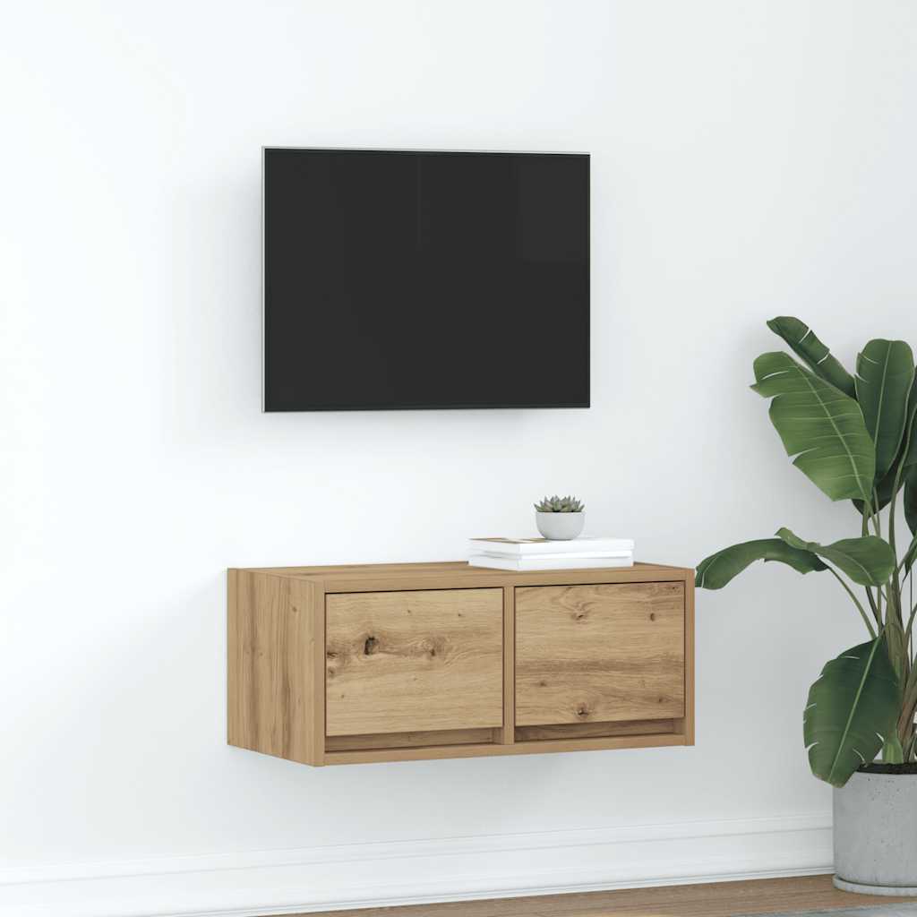Meuble TV Mural Blanc et Bois Effet Chêne - 2 Pièces-Mon Meuble TV-chêne artisanal-60 x 31 x 25.5 cm-1-23