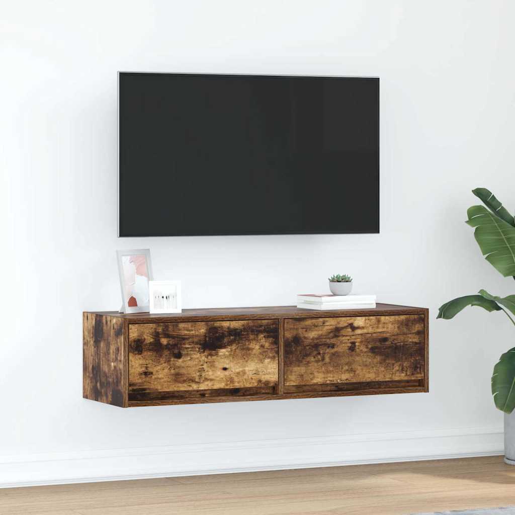 Meuble TV Mural Blanc et Bois Effet Chêne - 2 Pièces-Mon Meuble TV-Chêne fumé-100 x 31 x 25,5 cm-1-20