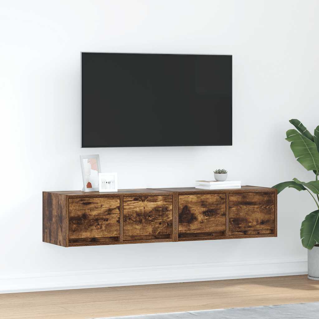 Meuble TV Mural Blanc et Bois Effet Chêne - 2 Pièces-Mon Meuble TV-Chêne fumé-60 x 31 x 25.5 cm-2-42