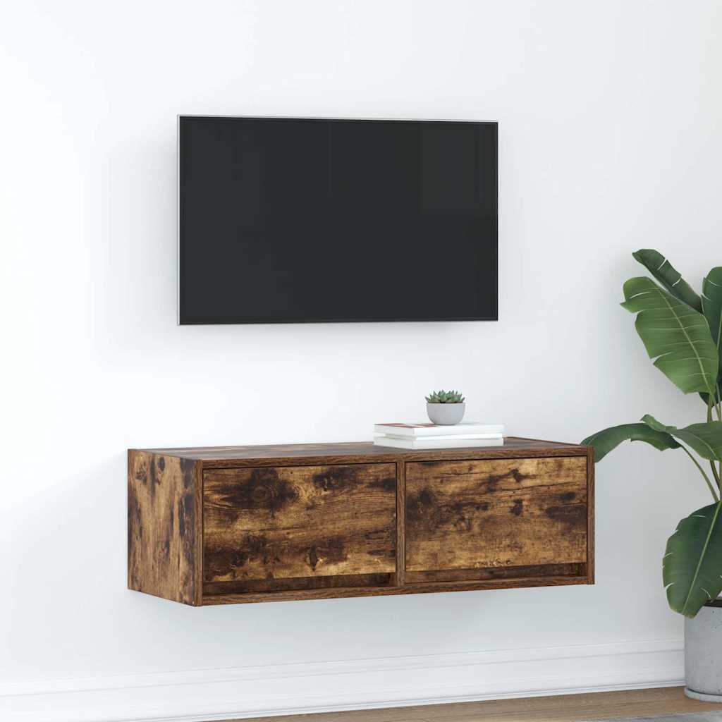 Meuble TV Mural Blanc et Bois Effet Chêne - 2 Pièces-Mon Meuble TV-Chêne fumé-80 x 31 x 25.5 cm-1-31