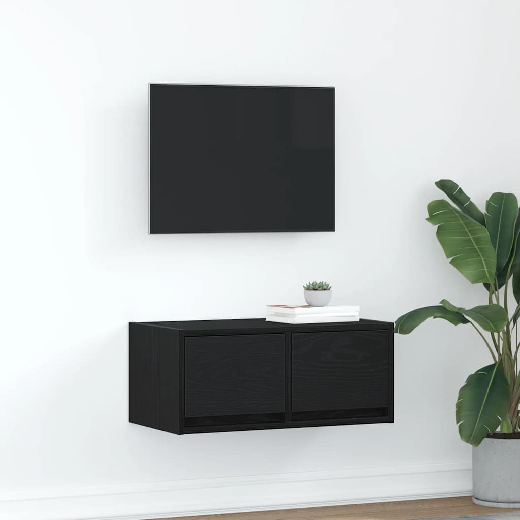 Meuble TV Mural Blanc et Bois Effet Chêne - 2 Pièces-Mon Meuble TV-Chêne noir-60 x 31 x 25.5 cm-1-29