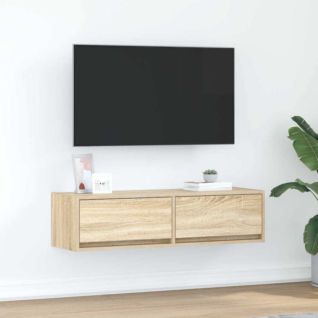Meuble TV Mural Blanc et Bois Effet Chêne - 2 Pièces-Mon Meuble TV-Chêne sonoma-100 x 31 x 25,5 cm-1-18