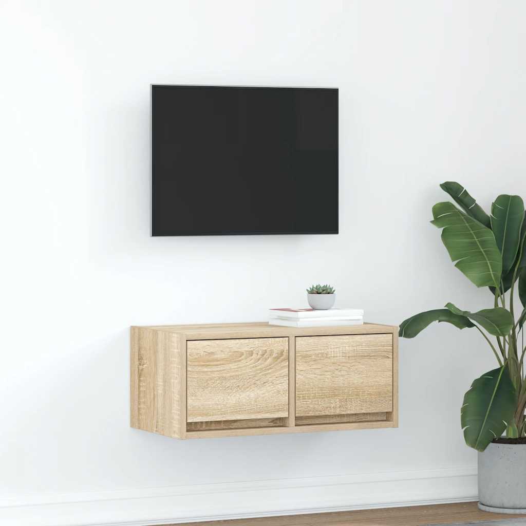 Meuble TV Mural Blanc et Bois Effet Chêne - 2 Pièces-Mon Meuble TV-Chêne sonoma-60 x 31 x 25.5 cm-1-27