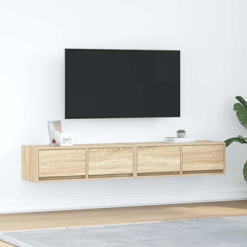 Meuble TV Mural Blanc et Bois Effet Chêne - 2 Pièces-Mon Meuble TV-Chêne sonoma-80 x 31 x 25.5 cm-2-2