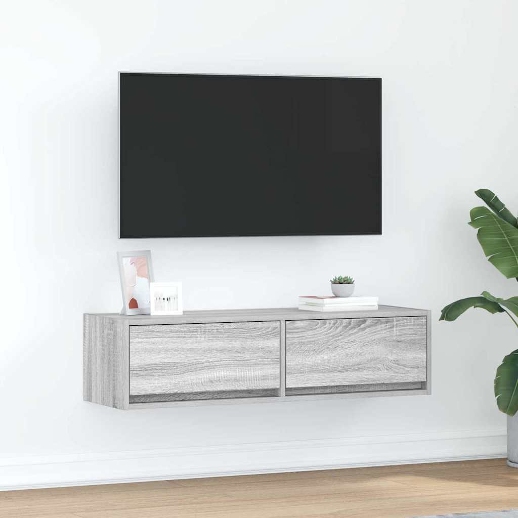 Meuble TV Mural Blanc et Bois Effet Chêne - 2 Pièces-Mon Meuble TV-Sonoma gris-100 x 31 x 25,5 cm-1-15