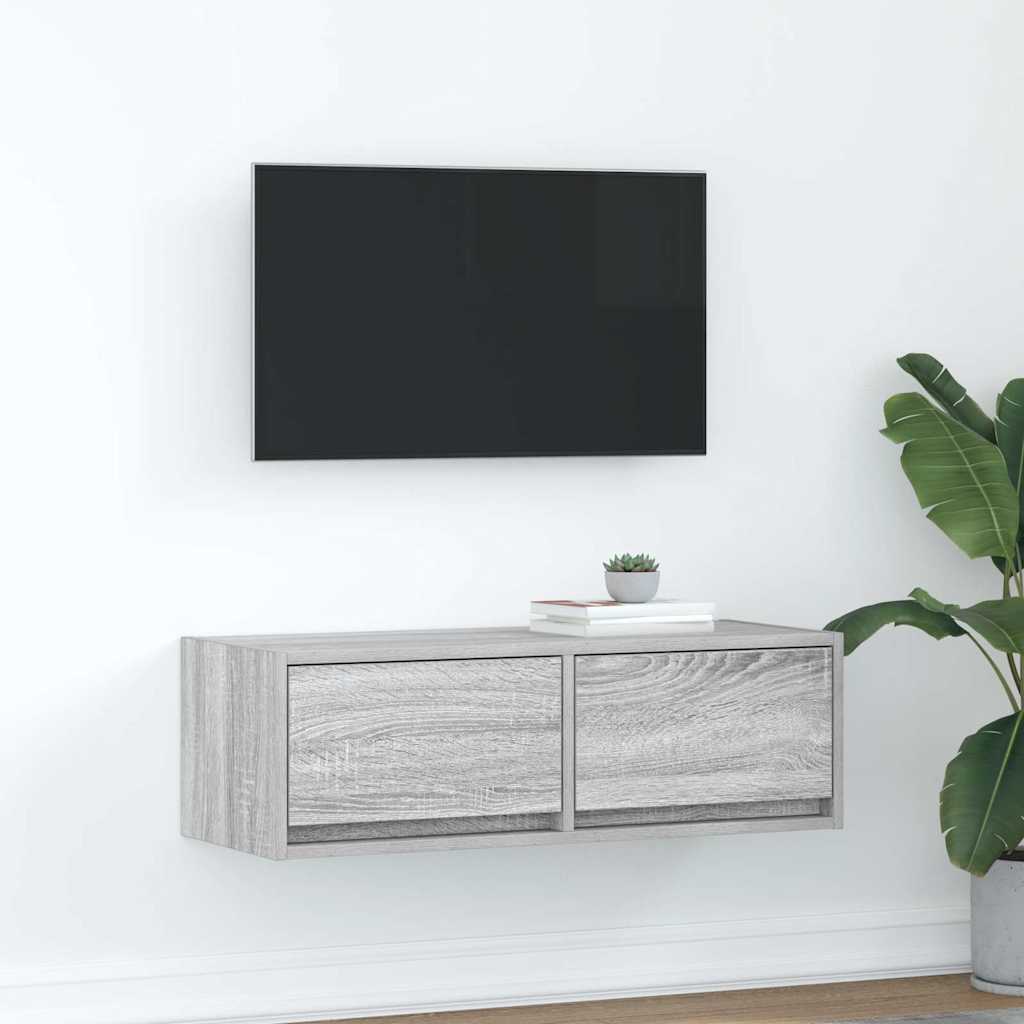 Meuble TV Mural Blanc et Bois Effet Chêne - 2 Pièces-Mon Meuble TV-Sonoma gris-80 x 31 x 25.5 cm-1-32