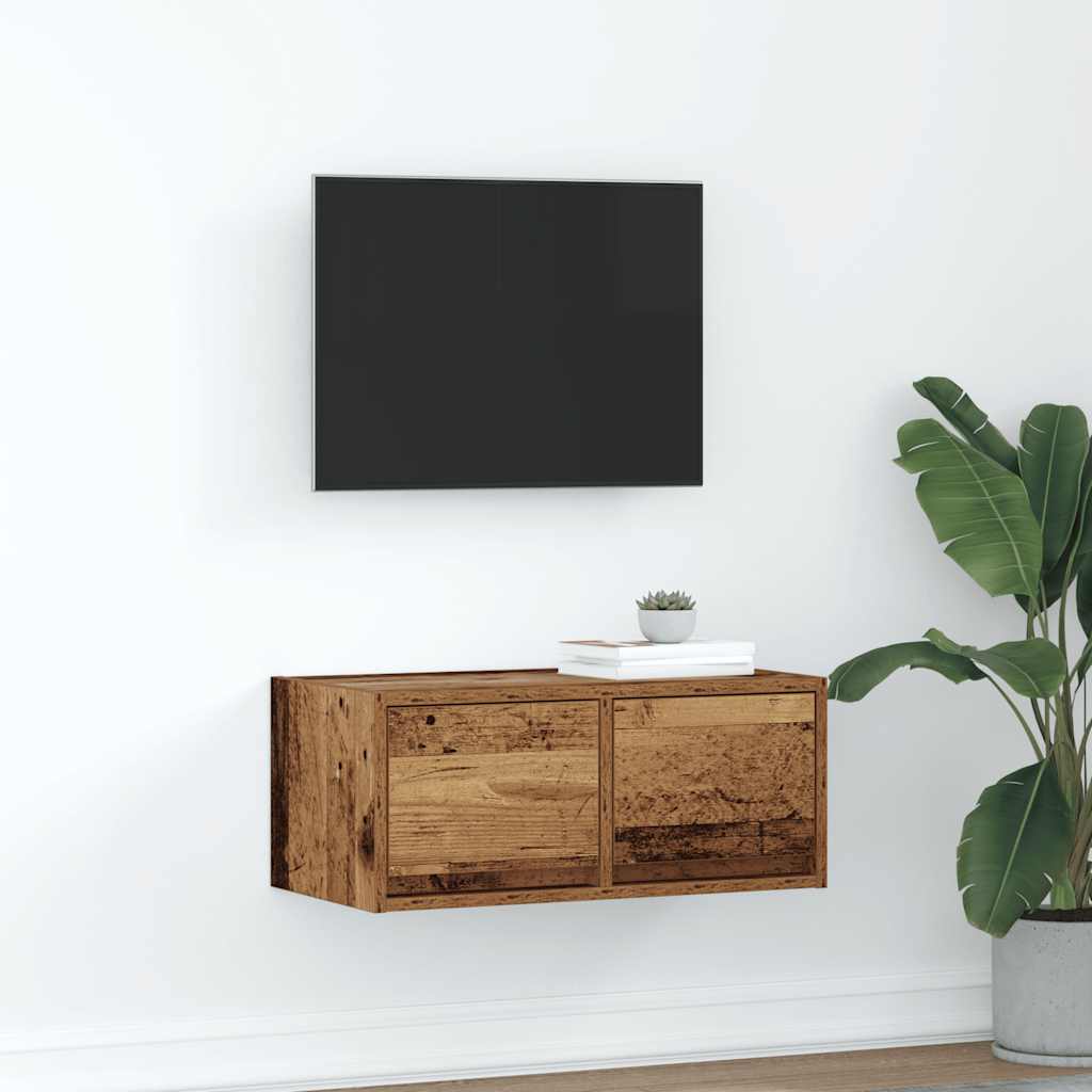 Meuble TV Mural Blanc et Bois Effet Chêne - 2 Pièces-Mon Meuble TV-Vieux bois-60 x 31 x 25.5 cm-1-22