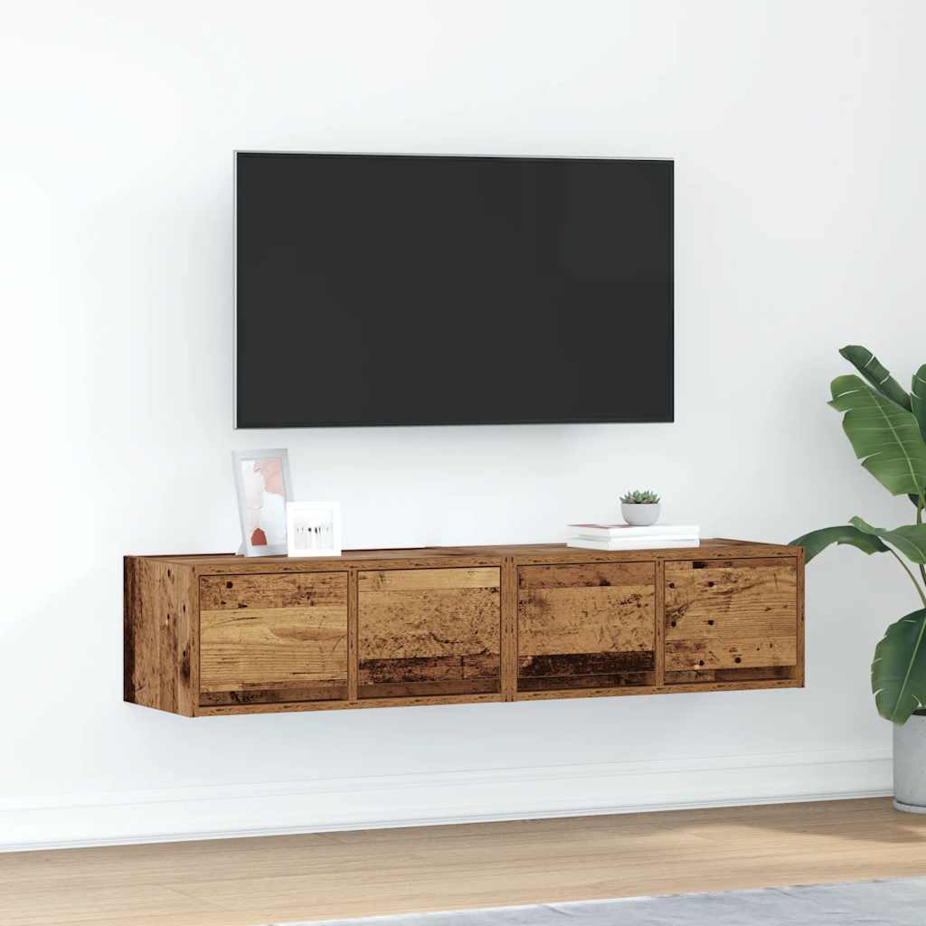 Meuble TV Mural Blanc et Bois Effet Chêne - 2 Pièces-Mon Meuble TV-Vieux bois-60 x 31 x 25.5 cm-2-40