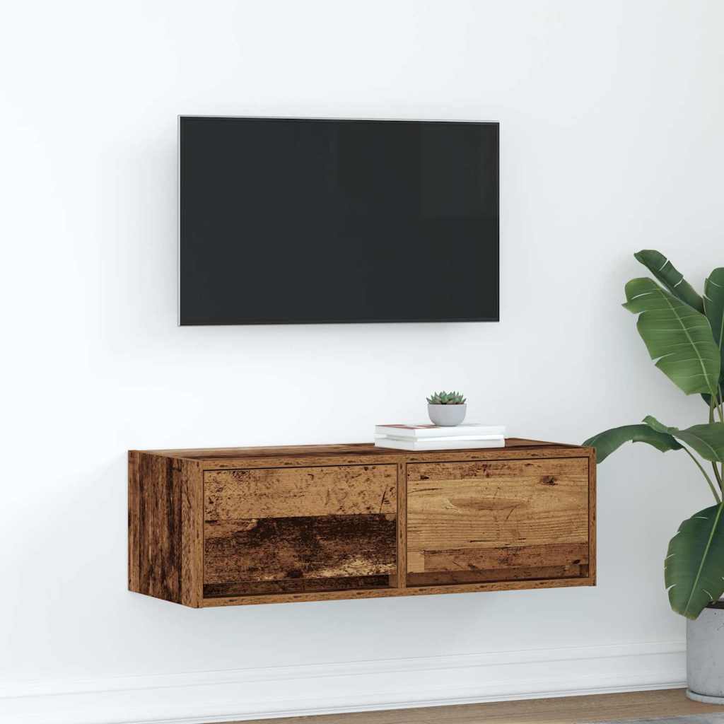 Meuble TV Mural Blanc et Bois Effet Chêne - 2 Pièces-Mon Meuble TV-Vieux bois-80 x 31 x 25.5 cm-1-33
