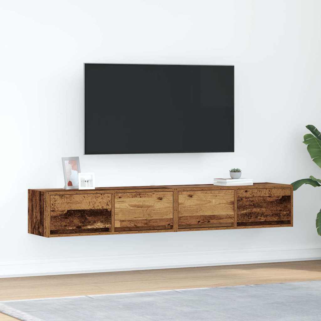 Meuble TV Mural Blanc et Bois Effet Chêne - 2 Pièces-Mon Meuble TV-Vieux bois-80 x 31 x 25.5 cm-2-44