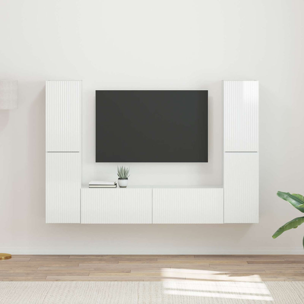 Meuble TV Mural Bois Clair Effet Chêne - 6 Pièces-Mon Meuble TV-Blanc brillant-18