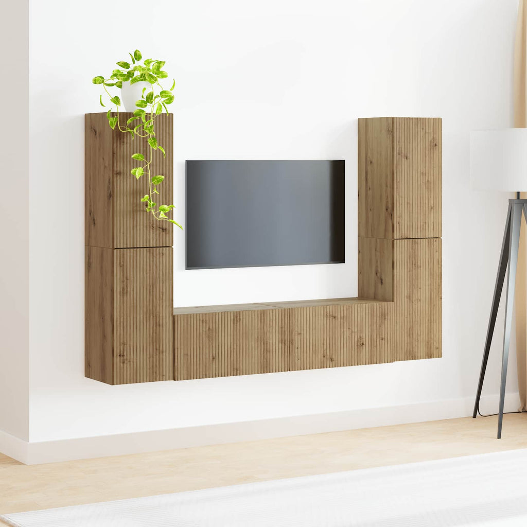 Meuble TV Mural Bois Clair Effet Chêne - 6 Pièces-Mon Meuble TV-Chêne artisanal-4