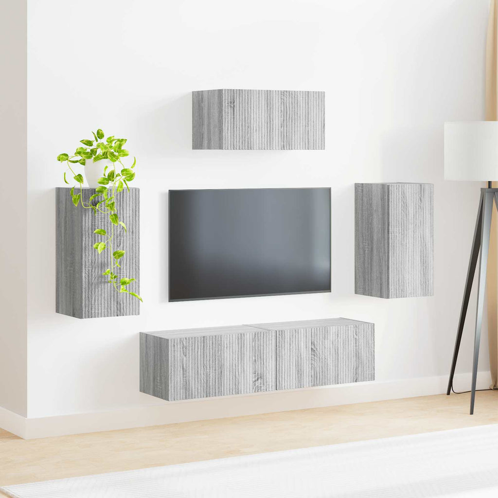 Meuble TV Mural Gris Effet Chêne - 5 Pièces-Mon Meuble TV-4