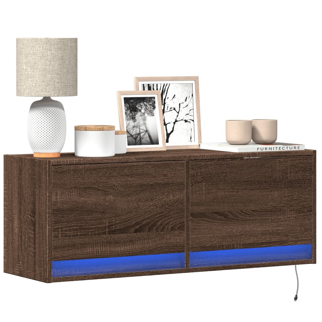 Meuble TV Mural LED en Bois Gris Béton - 140 cm-Mon Meuble TV-Chêne marron-100 cm-18