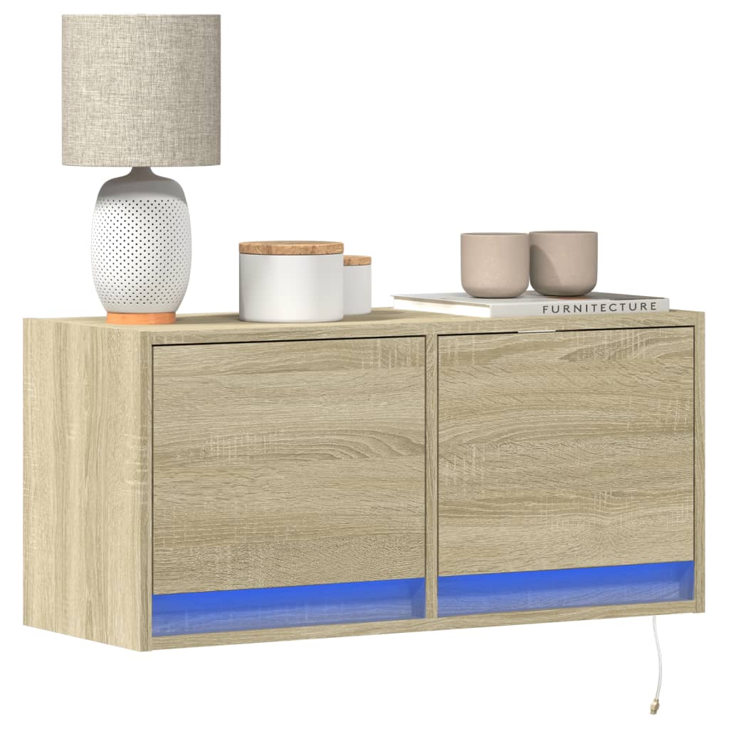 Meuble TV Mural LED en Bois Gris Béton - 140 cm-Mon Meuble TV-Chêne sonoma-80 cm-32