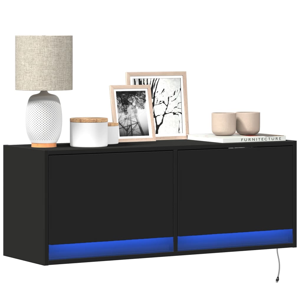 Meuble TV Mural LED en Bois Gris Béton - 140 cm-Mon Meuble TV-Noir-100 cm-19
