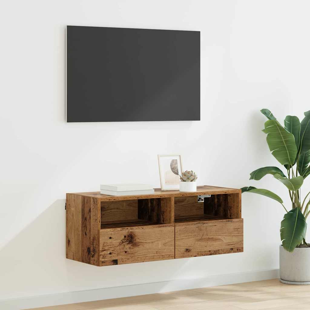 Meuble TV Mural Marron Effet Bois - 60 cm-Mon Meuble TV-Bois ancien-80 cm-1-32