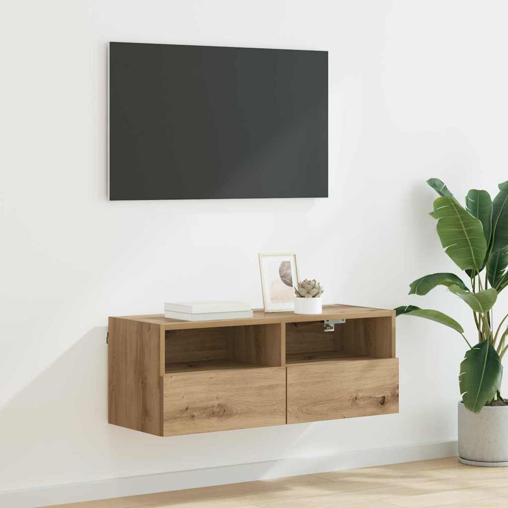 Meuble TV Mural Marron Effet Bois - 60 cm-Mon Meuble TV-Chêne artisanal-80 cm-1-42