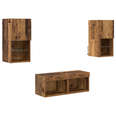 Meuble TV Mural Marron Effet Vieux Bois - 4 Pièces