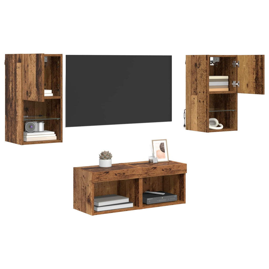 Meuble TV Mural Marron Effet Vieux Bois - 4 Pièces-Mon Meuble TV-3