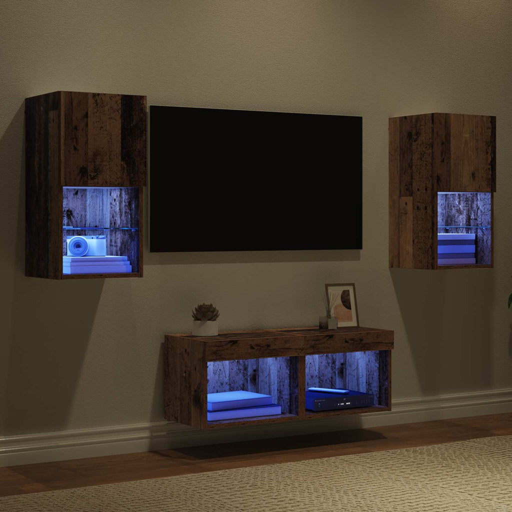 Meuble TV Mural Marron Effet Vieux Bois - 4 Pièces-Mon Meuble TV-5
