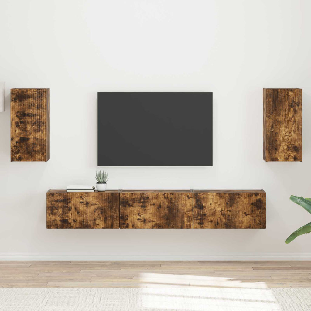 Meuble TV Mural Suspendu Industriel Effet Chêne Fumé - 5 Pièces-Mon Meuble TV-2