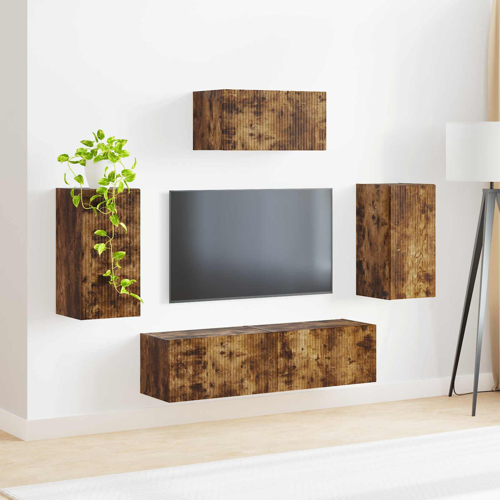 Meuble TV Mural Suspendu Industriel Effet Chêne Fumé - 5 Pièces-Mon Meuble TV-4
