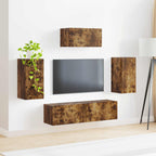 Meuble TV Mural Suspendu Industriel Effet Chêne Fumé - 5 Pièces-Mon Meuble TV-4