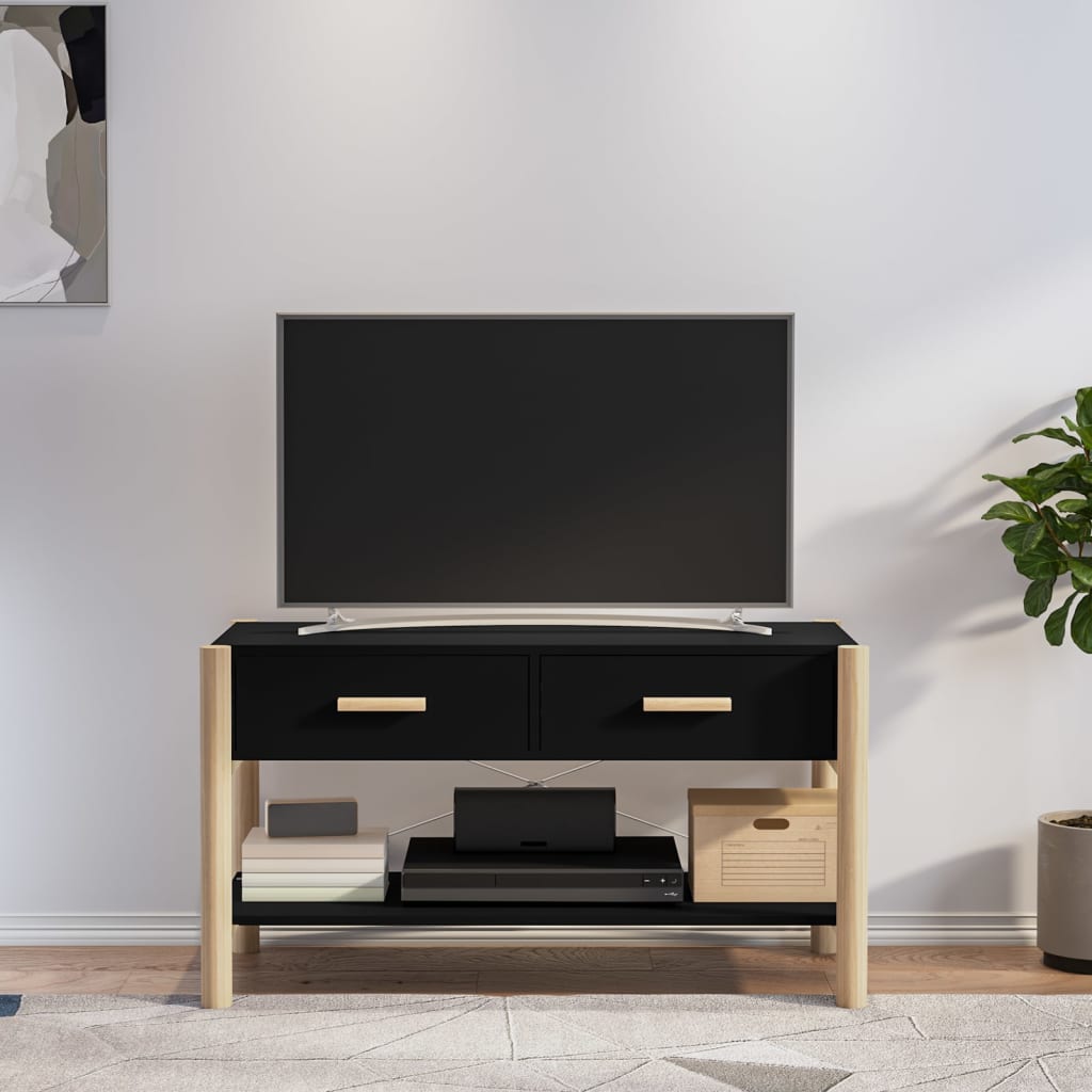 Meuble TV Noir Design et Pin Massif - 82 cm-Mon Meuble TV-Noir-1-1